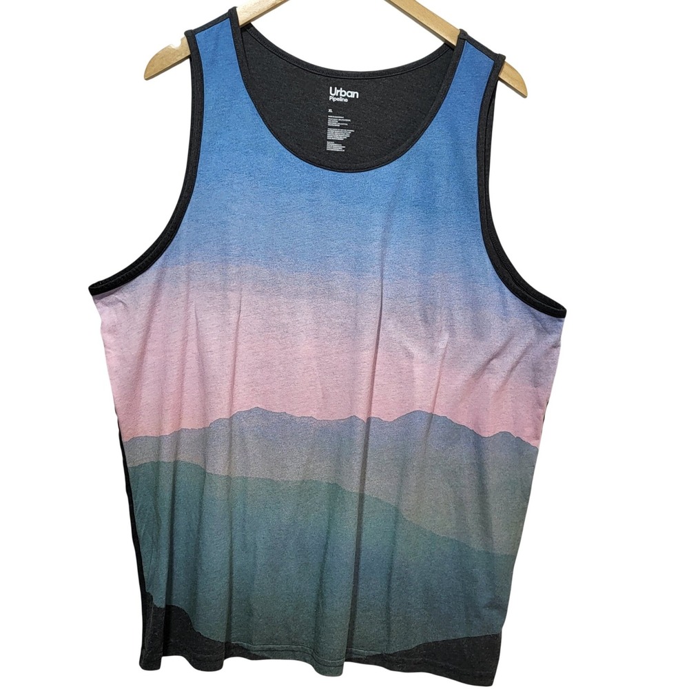 Urban Pipeline Mens XL Mountain Landscape Graphic Tank Top Blue Pink Charcoal
